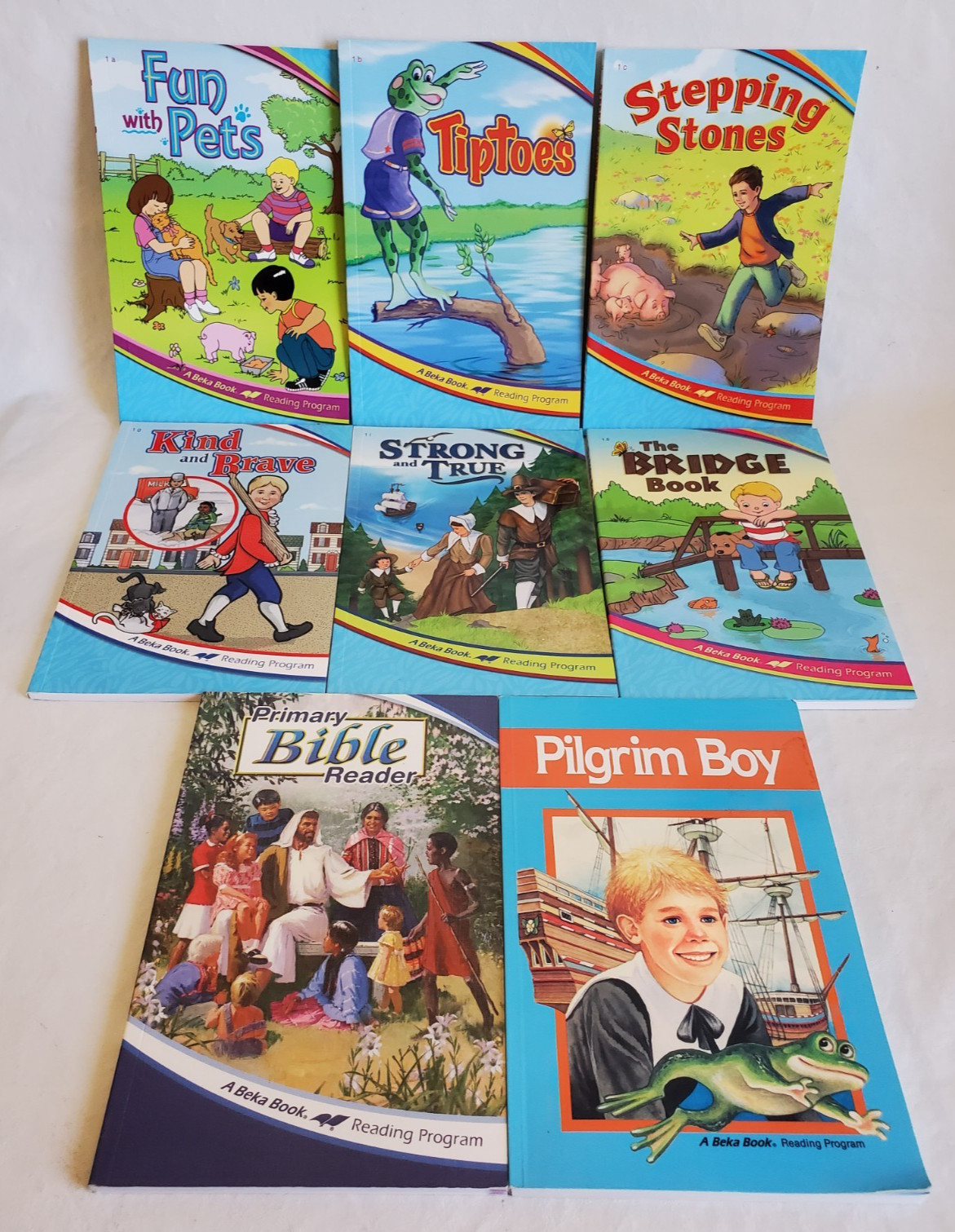 ABEKA Book Reading Readers Grade 1 & 2 Lot Pilgrim Boy TIPTOES Bridge BIBLE EUC!