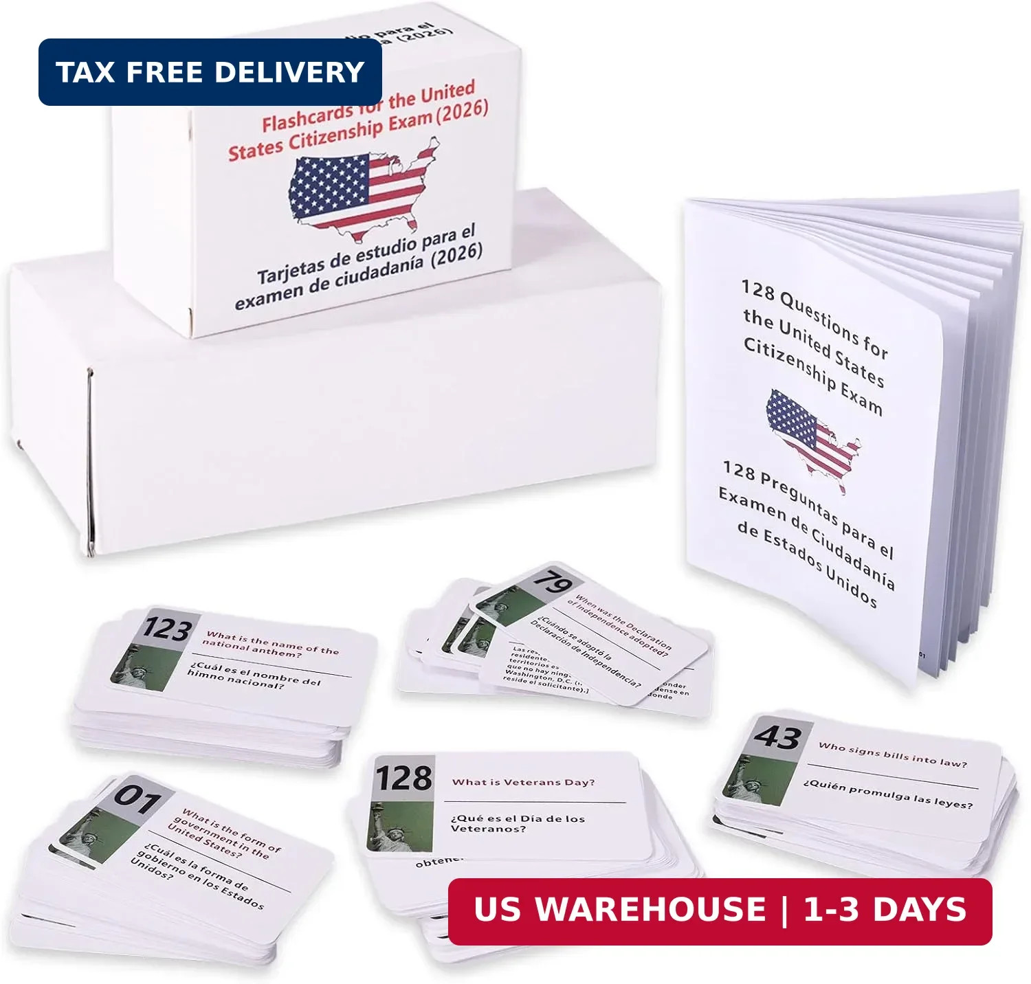 2026 US Citizenship Flash Cards, Bilingual English & Spanish 128 Civics Question