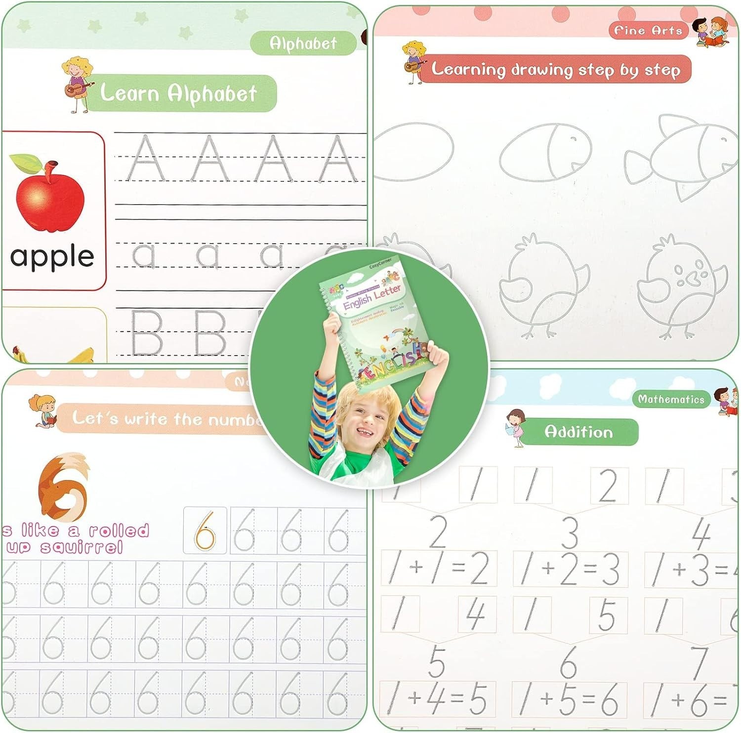 5-in-1 Kids Handwriting Magic Ink Copybooks with Silicone Grip Pen Aid