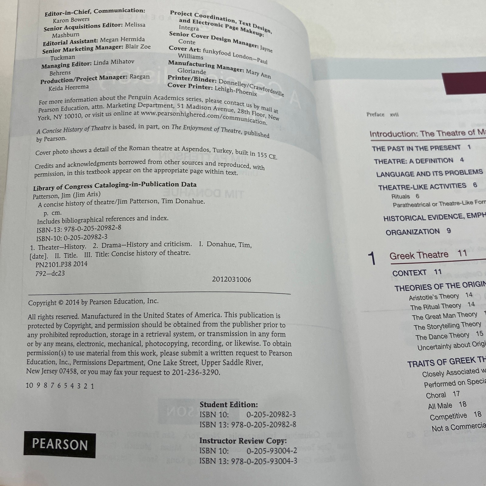 A Concise History of Theatre by Jim Patterson & Tim Donahue Pearson 2014 TPB