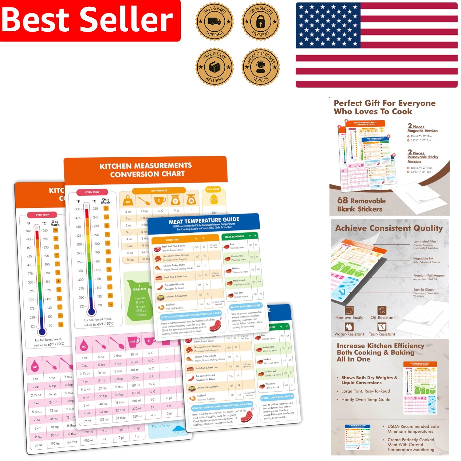 Magnetic Kitchen Conversion Chart Labels Waterproof Imperial Metric Baking Guide