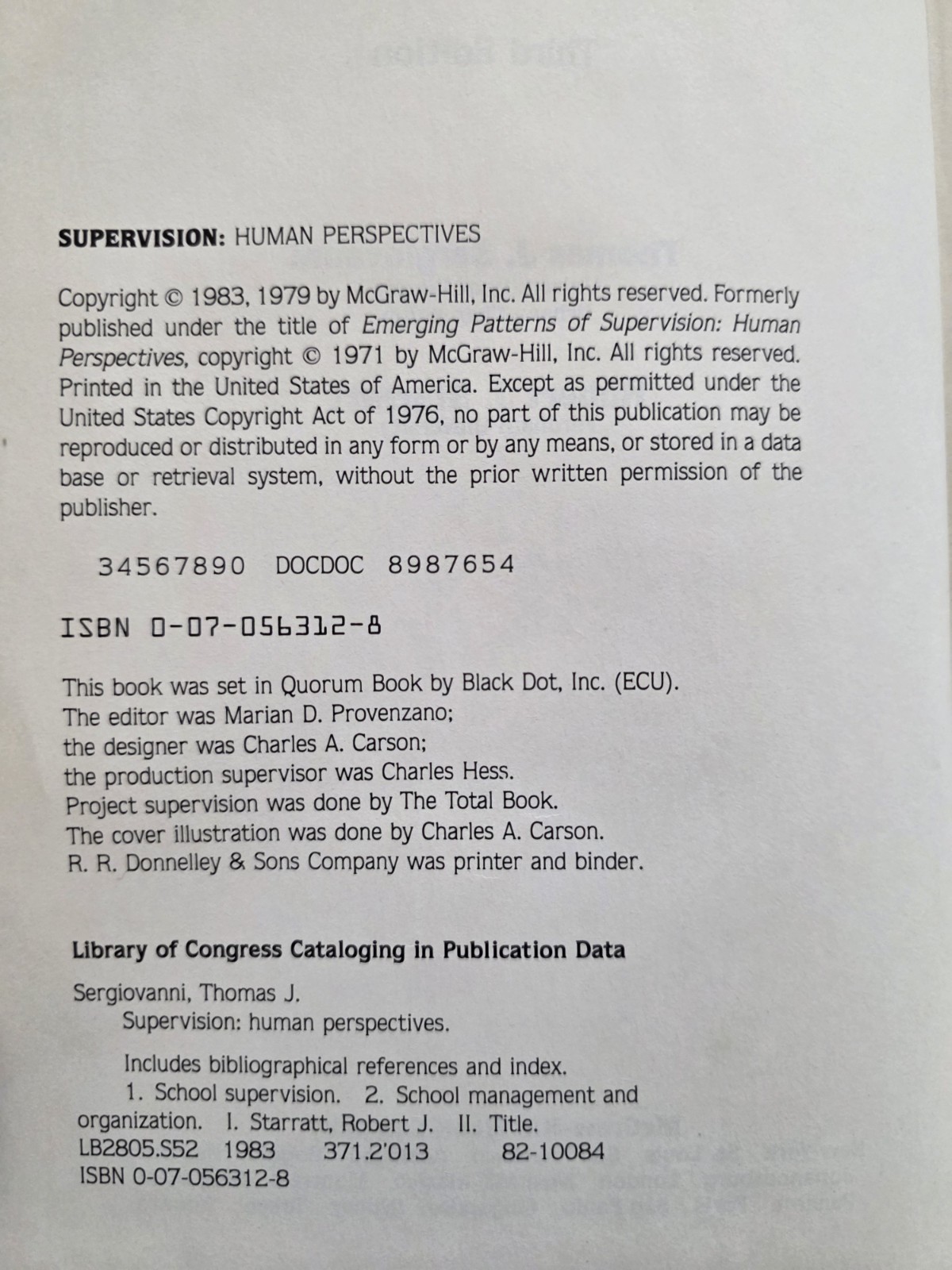 Supervision Human Perspectives 3rd Thomas Sergiovanni R. Starratt 1983 Hardcover