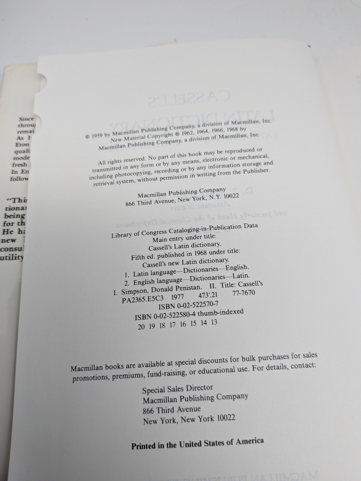 Cassell’s Standard Latin Dictionary Simpson, D. P Hardcover Used.