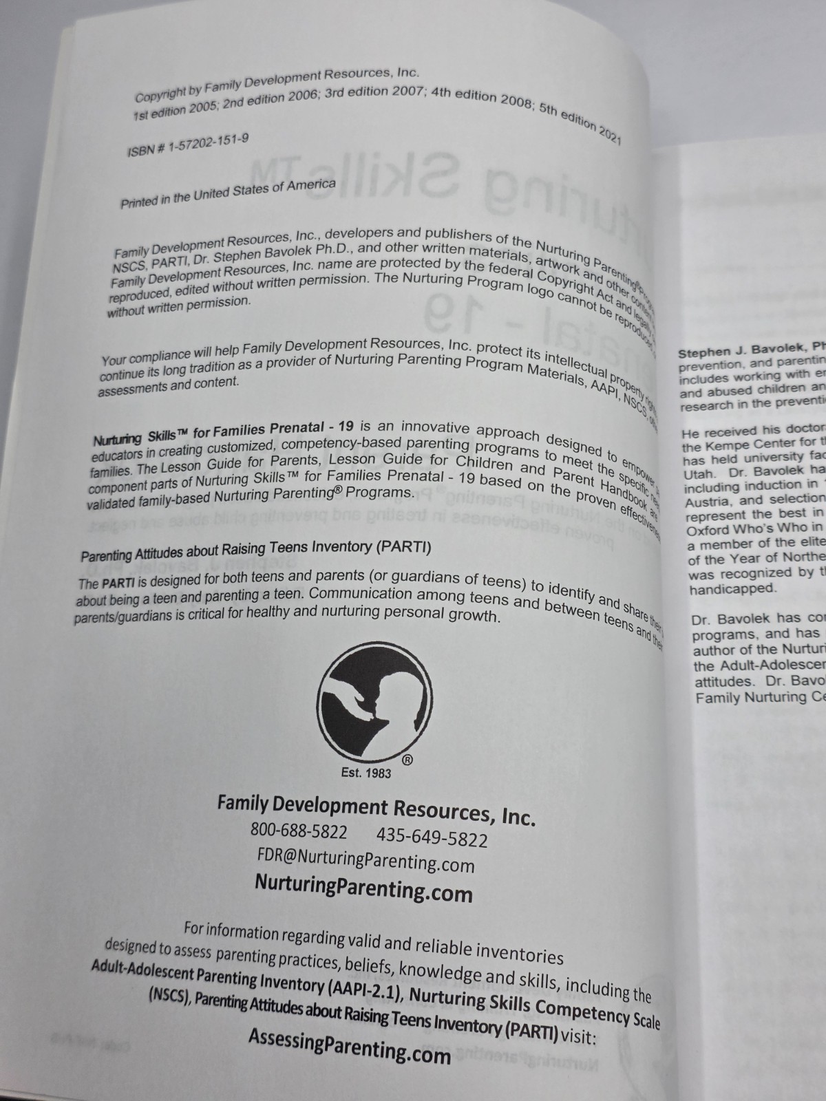 Nurturing Skills for Families Prenatal-19, Lesson Guide, Bavolek